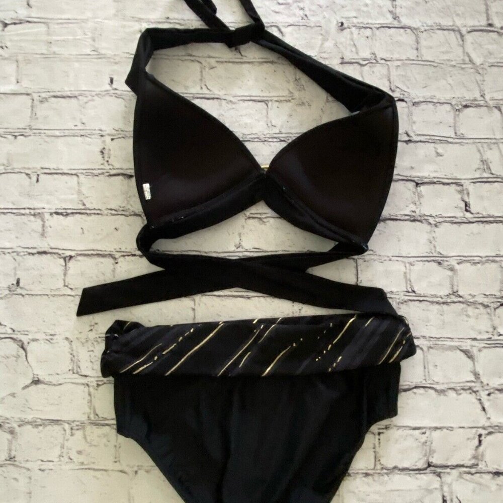 Simon Chang Vintage Black And Gold Bikini Padded Halter Top Size 10 Bond Girl EC - Picture 13 of 16